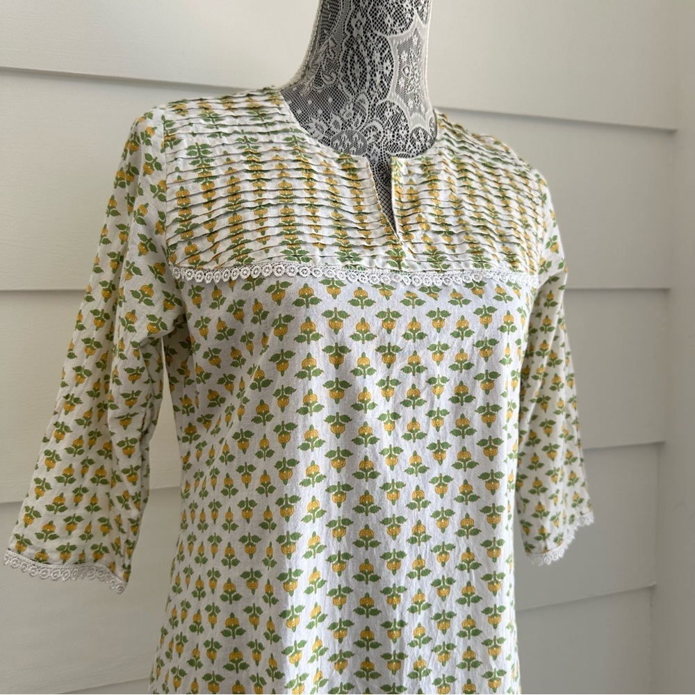Vintage Cotton Floral Block Print Midi Dress Boho Kaftan S/M